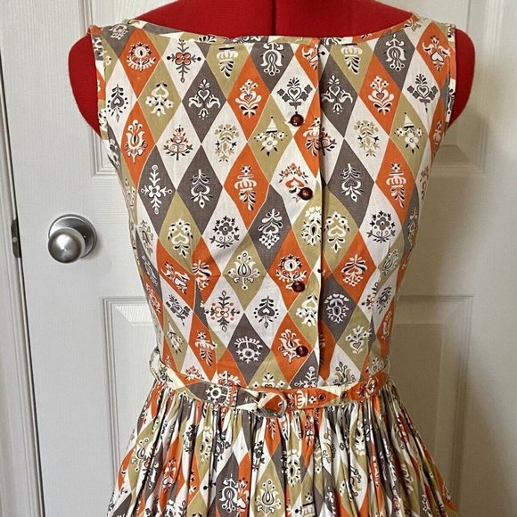 Vintage 1950s Handmade Harlequin Print cotton dress orange grey white - Picture 4 of 7